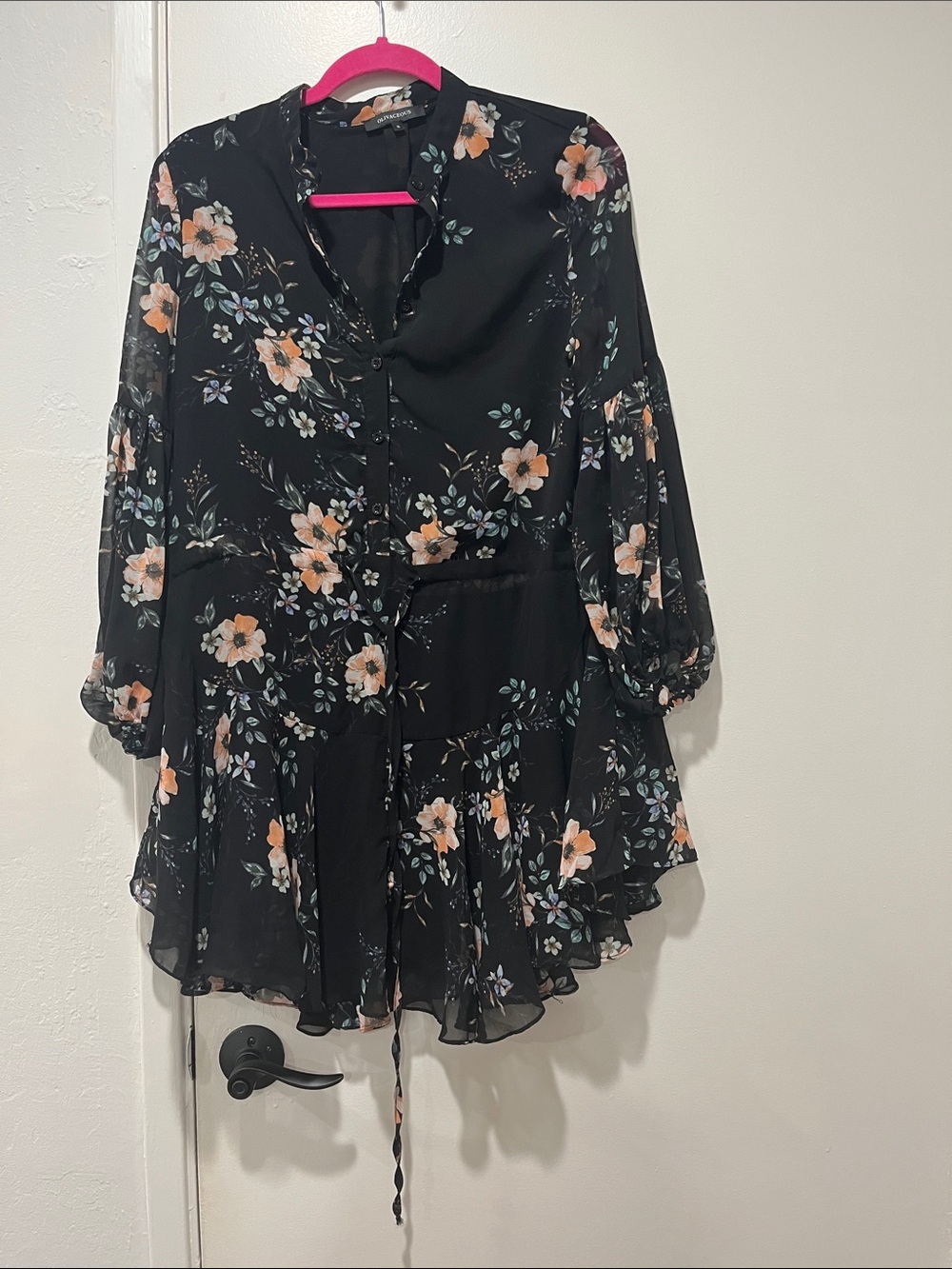 Olivaceous Black Floral Tie-Waist Tunic with Peach Blooms